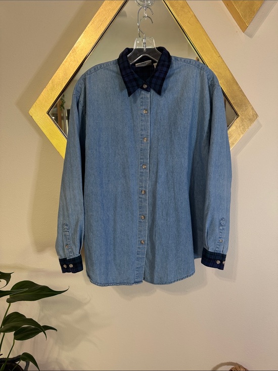 Vintage Tops - Vintage Northern Reflections Denim Shirt Plaid Flannel Collar Grunge 90s L